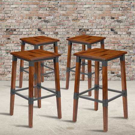 FLASH FURNITURE Rustic Antique Walnut Industrial Wood Dining Backless Barstool, PK4 4-XU-DG-W0247B-GG